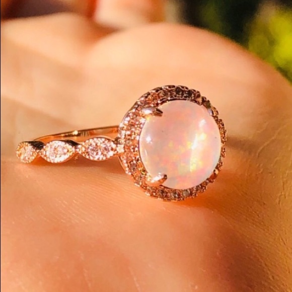 NEW ROSE GOLD ROUND OPAL DIAMOND HALO RING - Picture 3 of 6